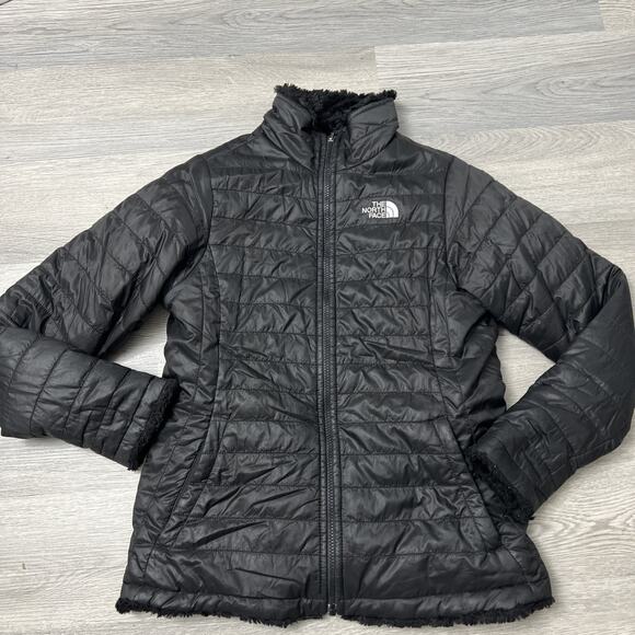 The North Face Reversible Mossbud Swirl Jacket Girls XL Black Puffer Sherpa - Picture 1 of 4